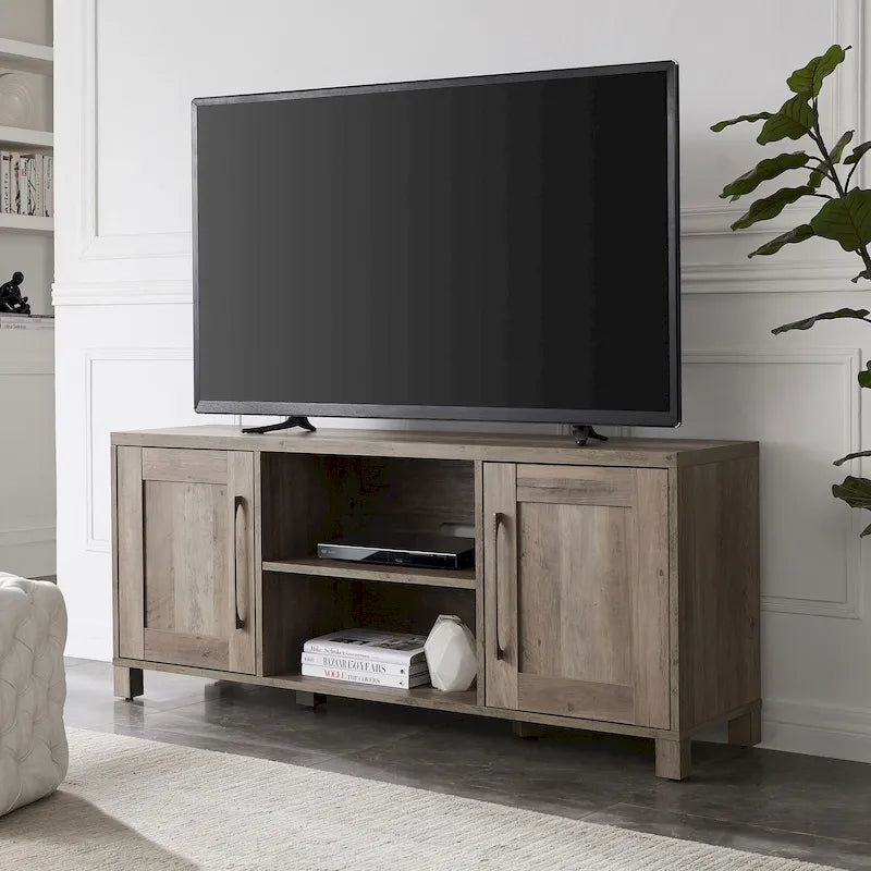 Meuble TV multicolore de 58 po avec 2 armoires fermées et 6 tablettes, assemblage par 1 personne