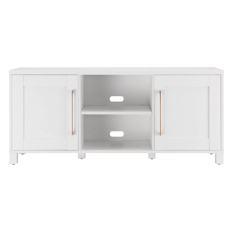 Meuble TV multicolore de 58 po avec 2 armoires fermées et 6 tablettes, assemblage par 1 personne
