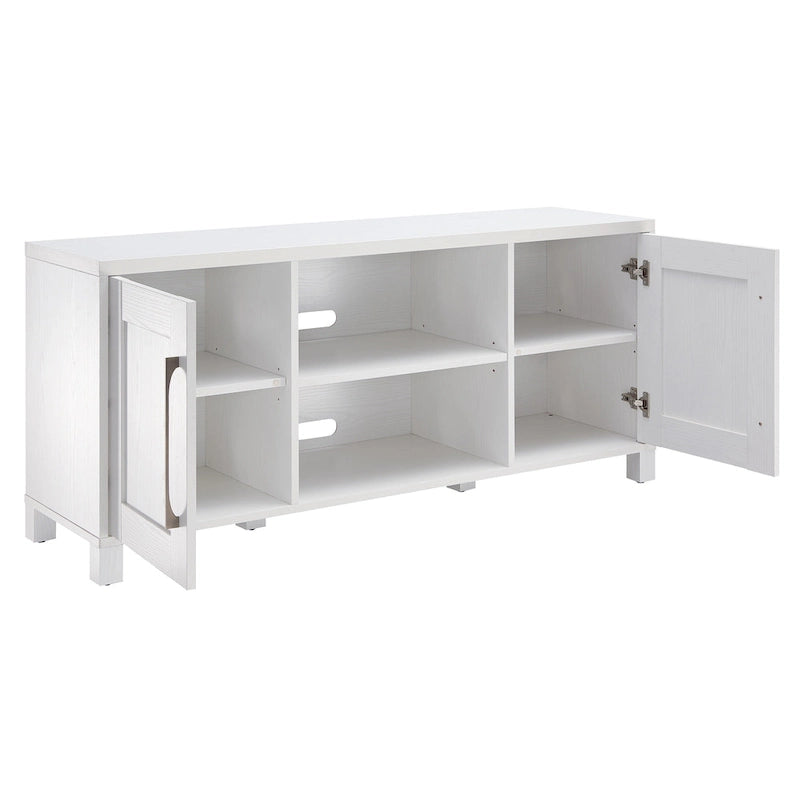 Meuble TV multicolore de 58 po avec 2 armoires fermées et 6 tablettes, assemblage par 1 personne