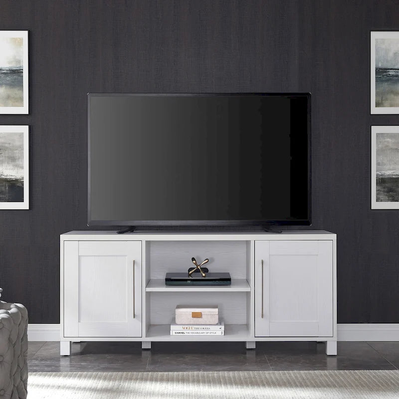 Meuble TV multicolore de 58 po avec 2 armoires fermées et 6 tablettes, assemblage par 1 personne