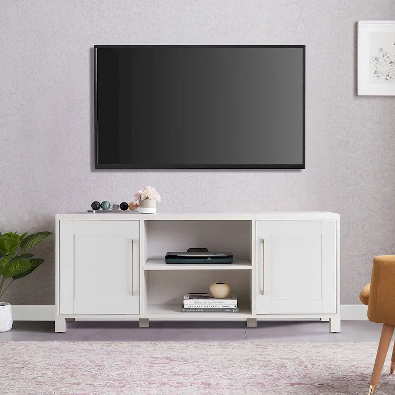 Meuble TV multicolore de 58 po avec 2 armoires fermées et 6 tablettes, assemblage par 1 personne