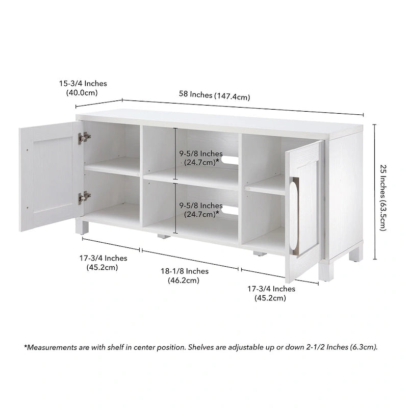 Meuble TV multicolore de 58 po avec 2 armoires fermées et 6 tablettes, assemblage par 1 personne