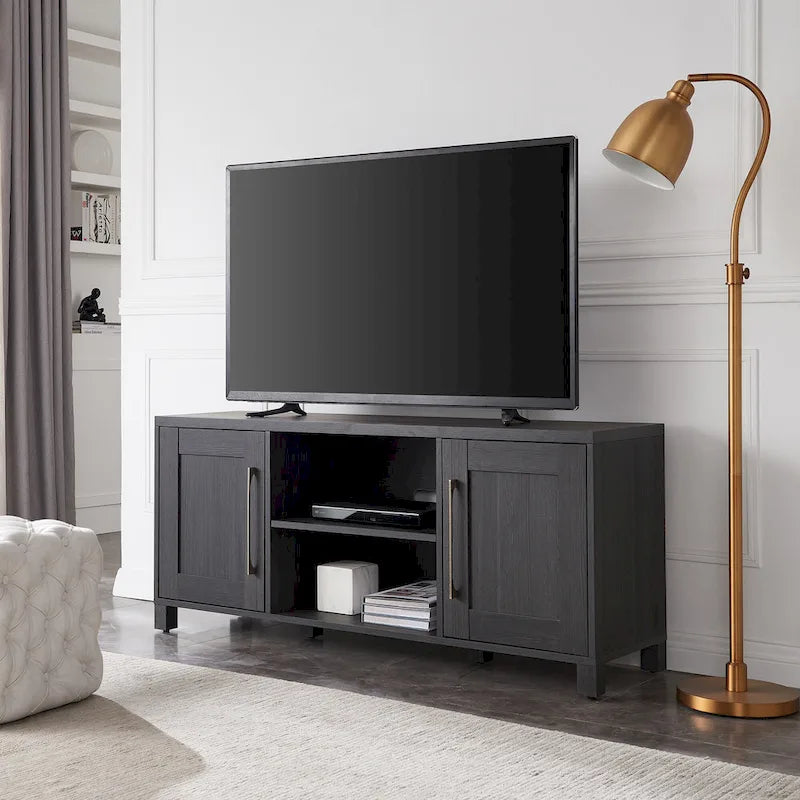 Meuble TV multicolore de 58 po avec 2 armoires fermées et 6 tablettes, assemblage par 1 personne