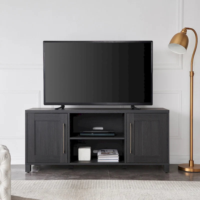 Meuble TV multicolore de 58 po avec 2 armoires fermées et 6 tablettes, assemblage par 1 personne