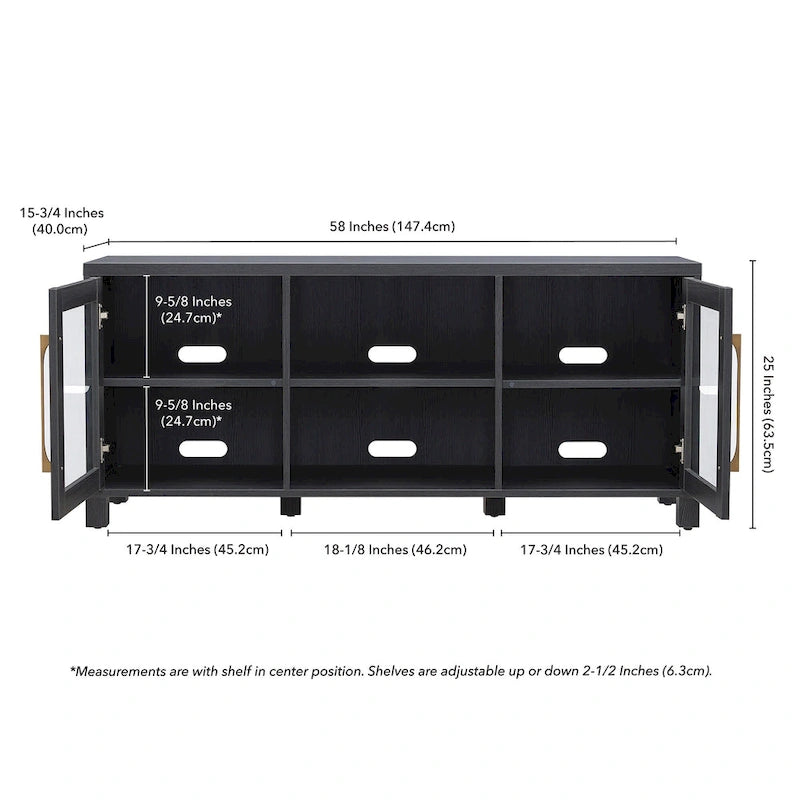 Meuble TV multicolore de 58 po avec 2 armoires fermées et 6 tablettes, assemblage par 1 personne