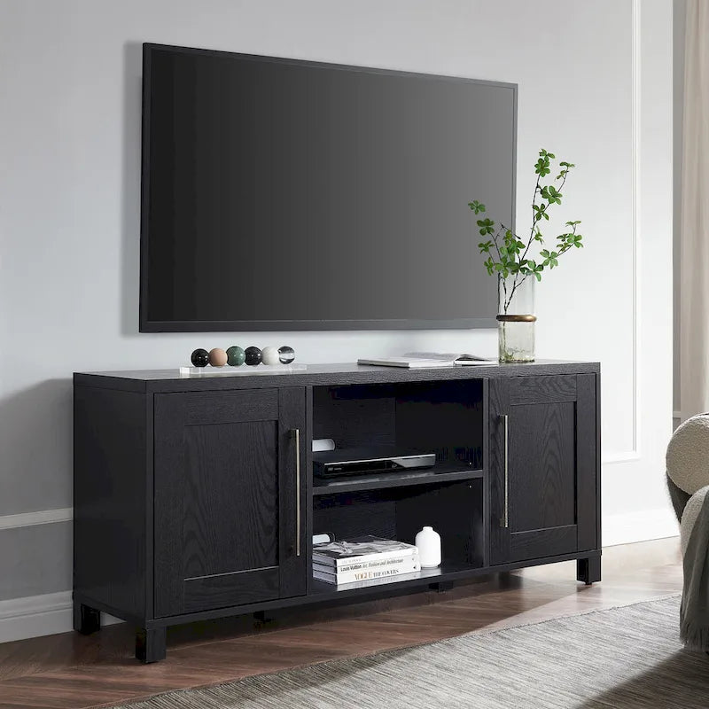 Meuble TV multicolore de 58 po avec 2 armoires fermées et 6 tablettes, assemblage par 1 personne