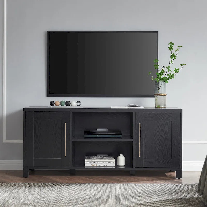 Meuble TV multicolore de 58 po avec 2 armoires fermées et 6 tablettes, assemblage par 1 personne