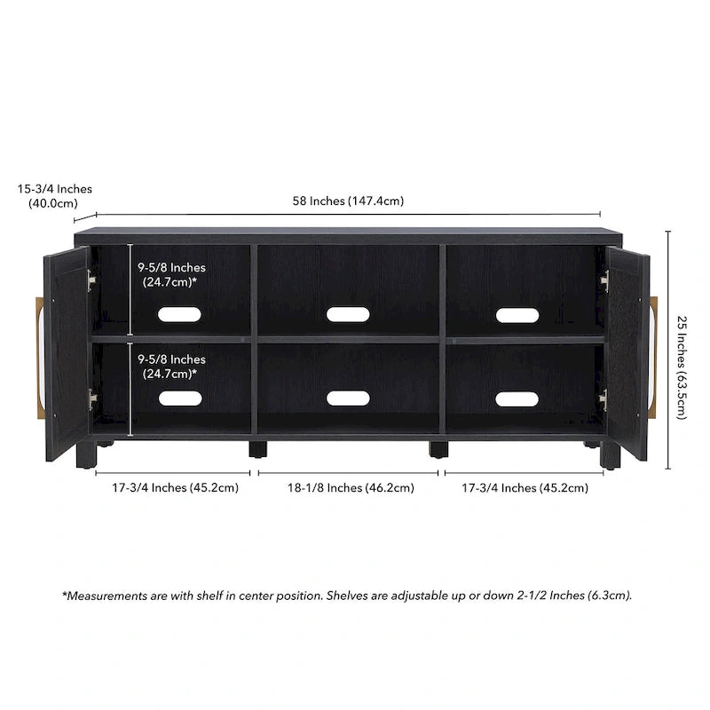 Meuble TV multicolore de 58 po avec 2 armoires fermées et 6 tablettes, assemblage par 1 personne