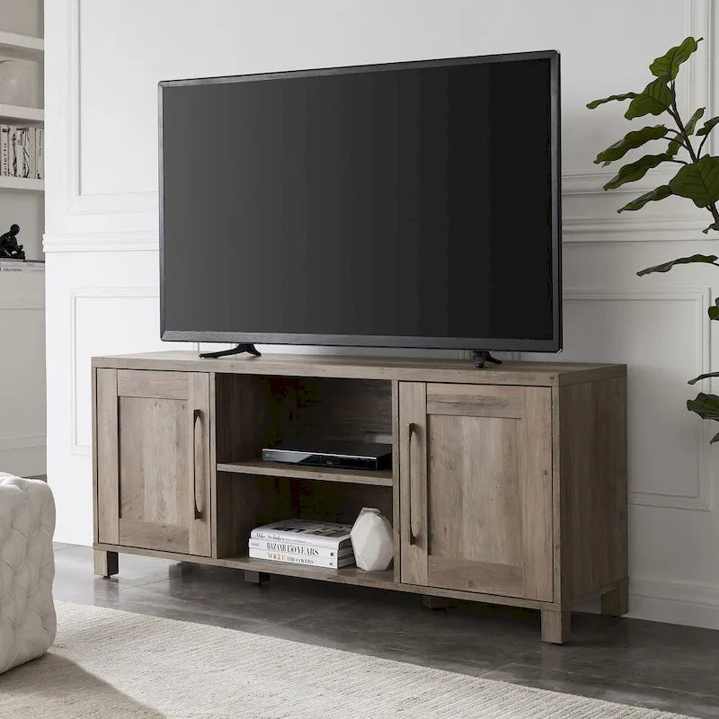 Meuble TV multicolore de 58 po avec 2 armoires fermées et 6 tablettes, assemblage par 1 personne