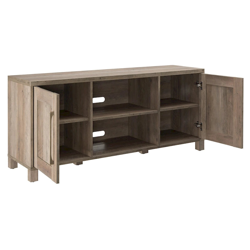 Meuble TV multicolore de 58 po avec 2 armoires fermées et 6 tablettes, assemblage par 1 personne