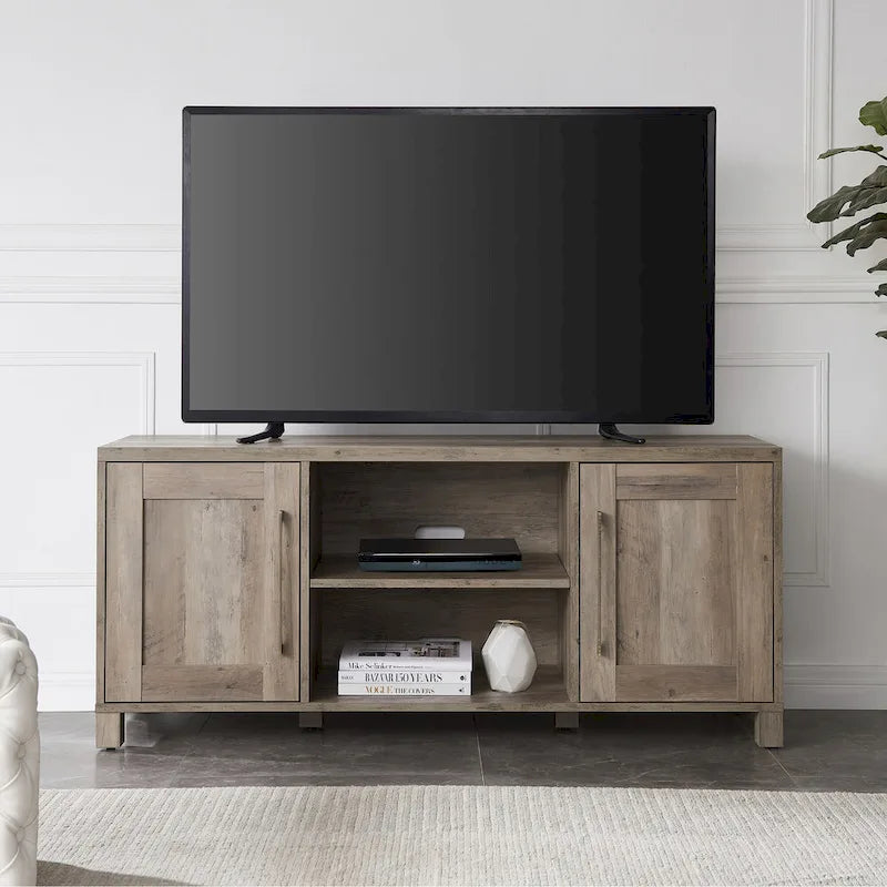 Meuble TV multicolore de 58 po avec 2 armoires fermées et 6 tablettes, assemblage par 1 personne