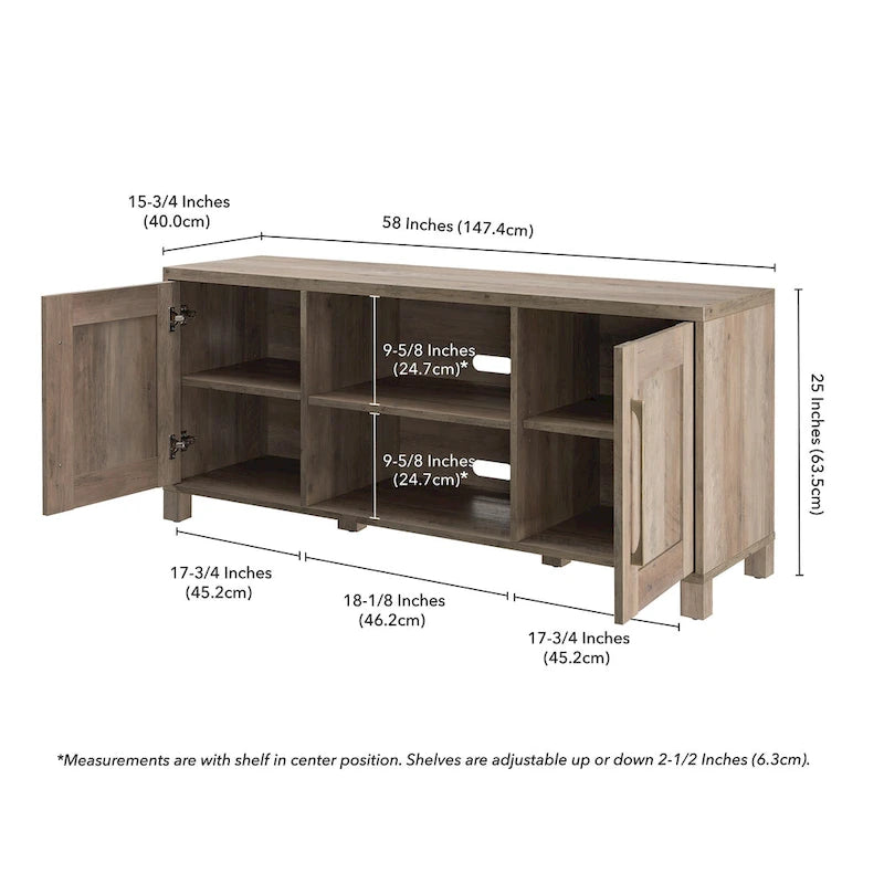 Meuble TV multicolore de 58 po avec 2 armoires fermées et 6 tablettes, assemblage par 1 personne