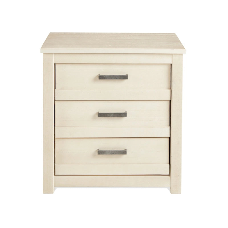 Table de chevet à 3 tiroirs en pin massif antique blanc/gris/noyer avec poignées de tiroir en métal, assemblage par 1 personne