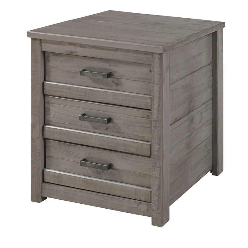 Table de chevet à 3 tiroirs en pin massif antique blanc/gris/noyer avec poignées de tiroir en métal, assemblage par 1 personne