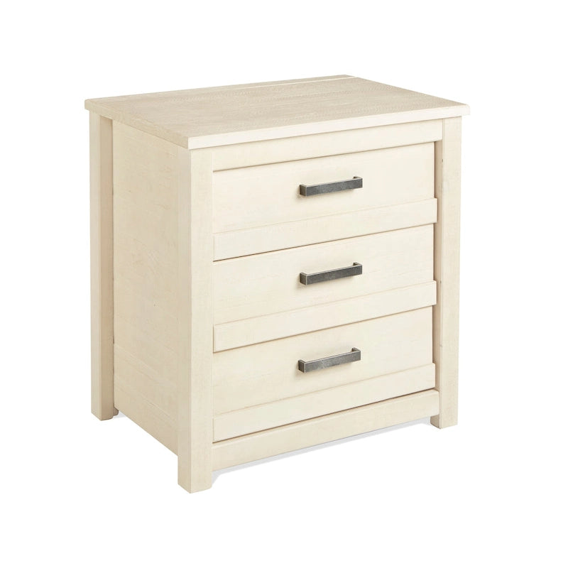 Table de chevet à 3 tiroirs en pin massif antique blanc/gris/noyer avec poignées de tiroir en métal, assemblage par 1 personne