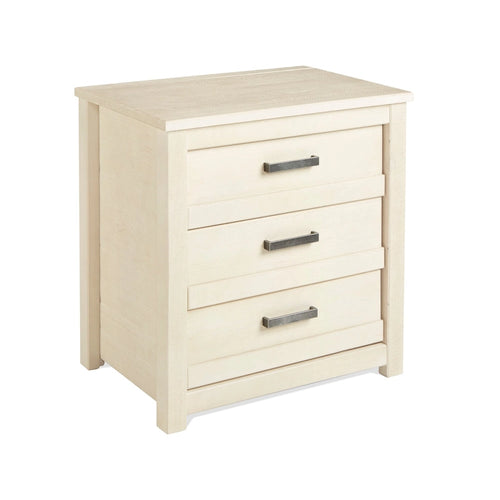 Table de chevet à 3 tiroirs en pin massif antique blanc/gris/noyer avec poignées de tiroir en métal, assemblage par 1 personne