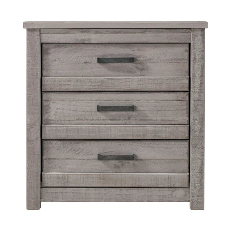 Table de chevet à 3 tiroirs en pin massif antique blanc/gris/noyer avec poignées de tiroir en métal, assemblage par 1 personne