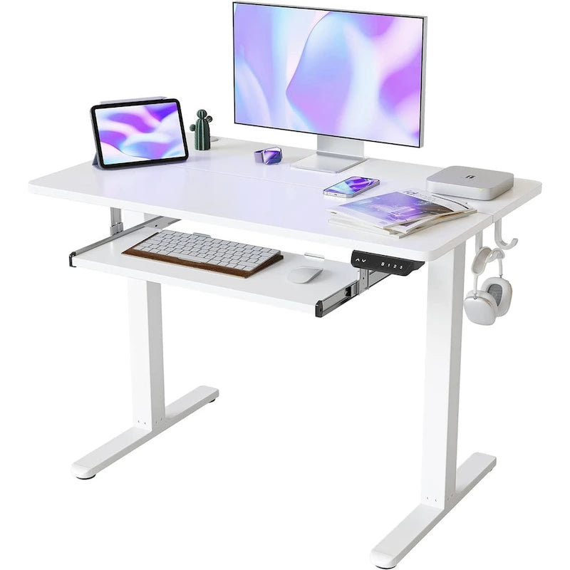 Bureau debout électrique à hauteur réglable en bois avec plateau de clavier et boutons de mémoire, assemblage par 1 personne