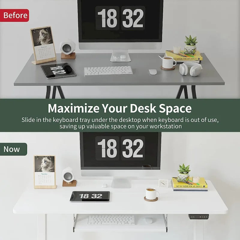 Bureau debout électrique à hauteur réglable en bois avec plateau de clavier et boutons de mémoire, assemblage par 1 personne