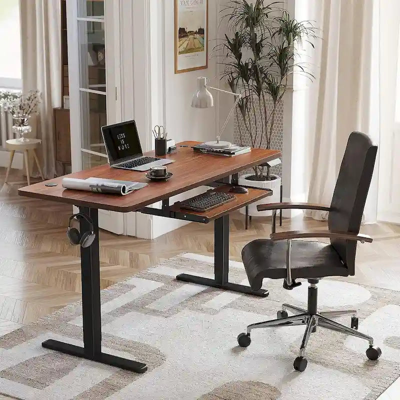 Bureau debout électrique à hauteur réglable en bois avec plateau de clavier et boutons de mémoire, assemblage par 1 personne