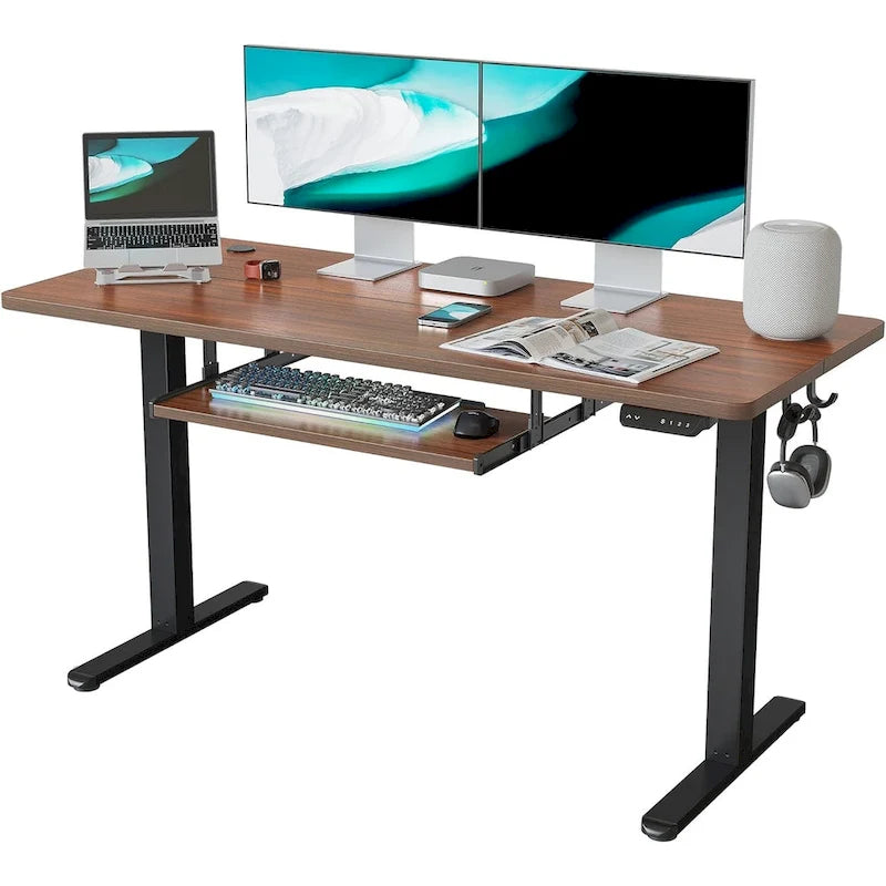 Bureau debout électrique à hauteur réglable en bois avec plateau de clavier et boutons de mémoire, assemblage par 1 personne