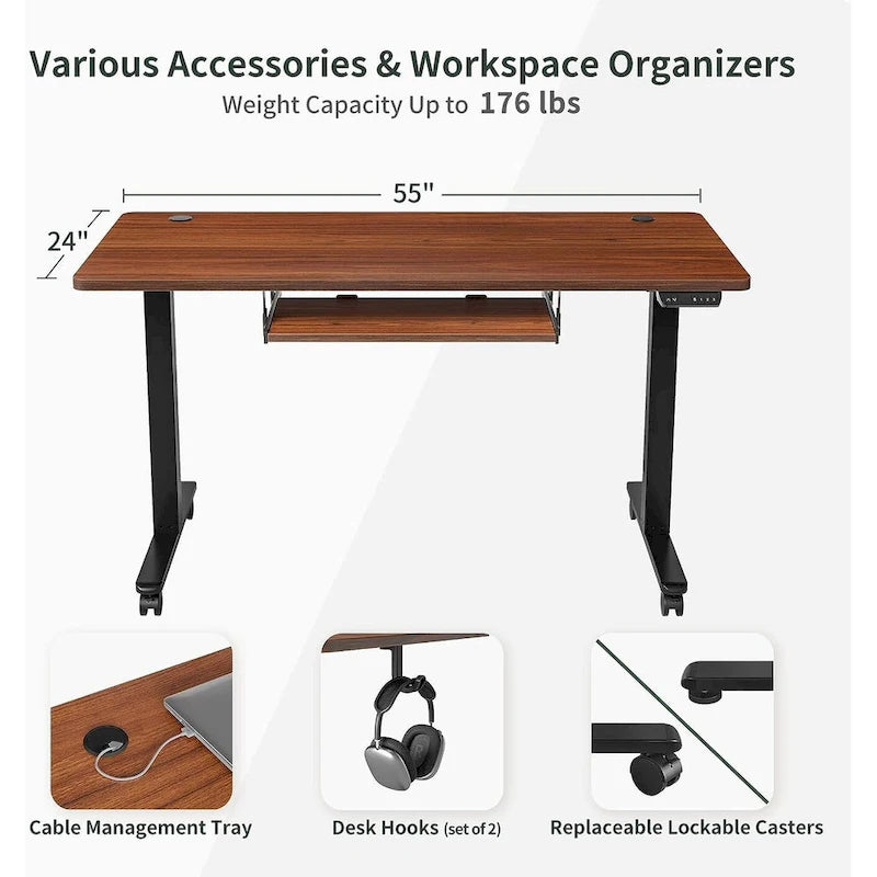 Bureau debout électrique à hauteur réglable en bois avec plateau de clavier et boutons de mémoire, assemblage par 1 personne