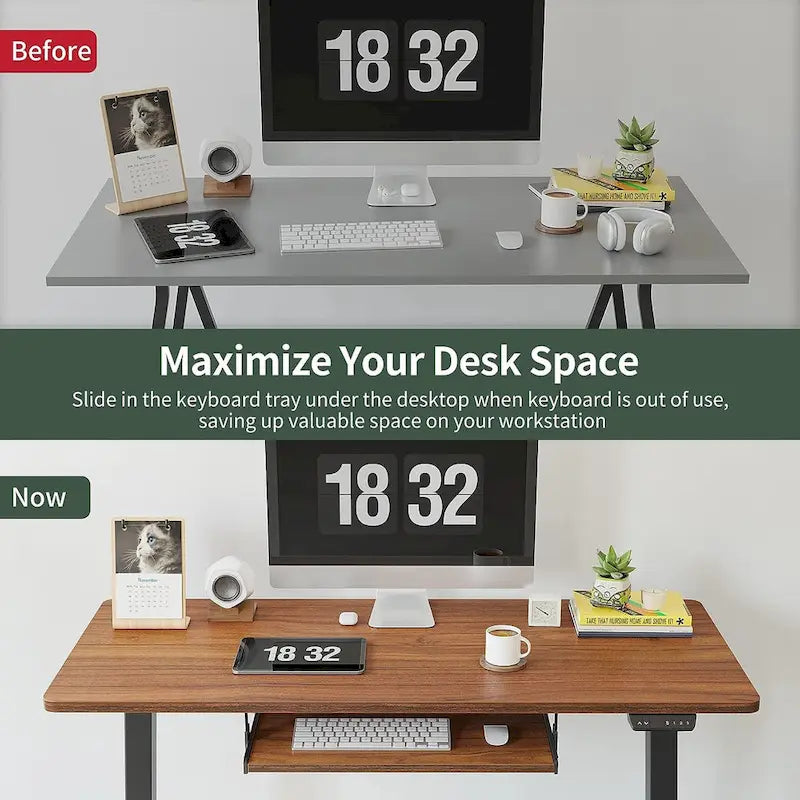Bureau debout électrique à hauteur réglable en bois avec plateau de clavier et boutons de mémoire, assemblage par 1 personne