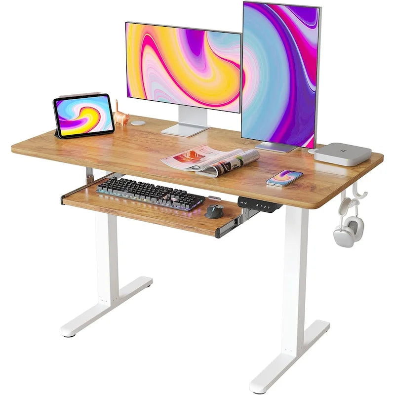 Bureau debout électrique à hauteur réglable en bois avec plateau de clavier et boutons de mémoire, assemblage par 1 personne