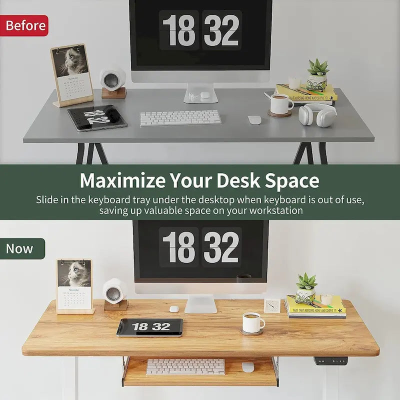 Bureau debout électrique à hauteur réglable en bois avec plateau de clavier et boutons de mémoire, assemblage par 1 personne