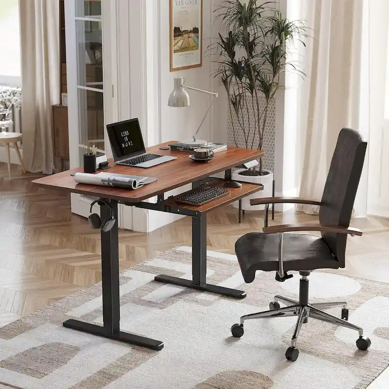 Bureau debout électrique à hauteur réglable en bois avec plateau de clavier et boutons de mémoire, assemblage par 1 personne