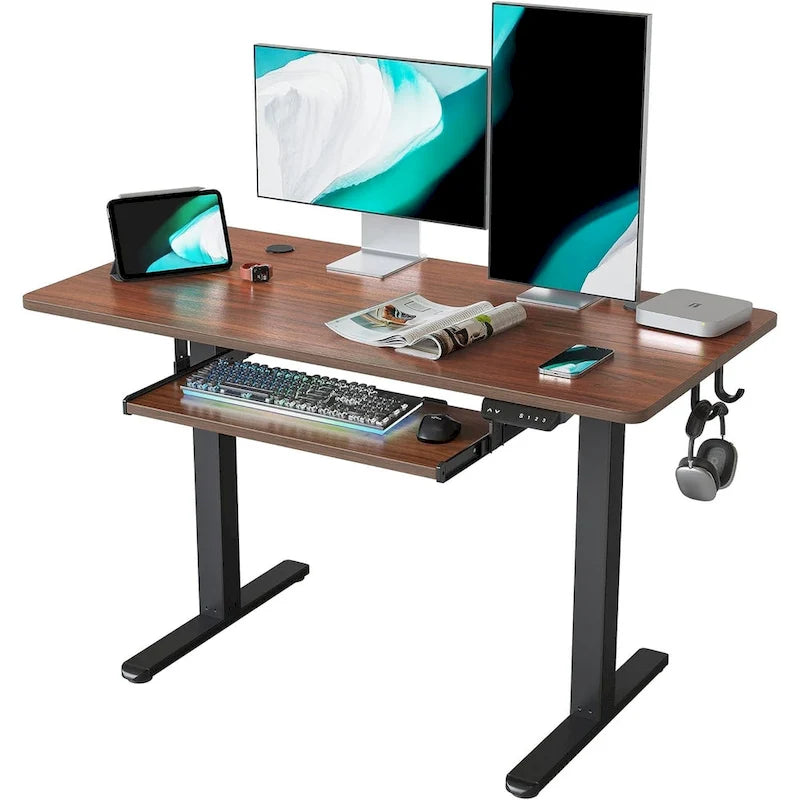 Bureau debout électrique à hauteur réglable en bois avec plateau de clavier et boutons de mémoire, assemblage par 1 personne