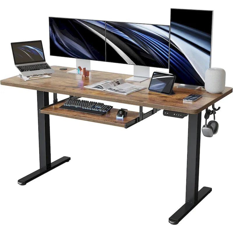 Bureau debout électrique à hauteur réglable en bois avec plateau de clavier et boutons de mémoire, assemblage par 1 personne