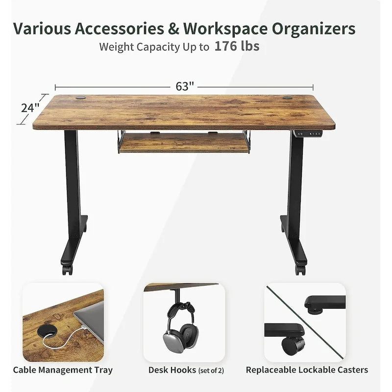 Bureau debout électrique à hauteur réglable en bois avec plateau de clavier et boutons de mémoire, assemblage par 1 personne