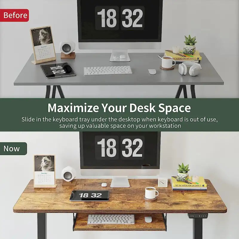 Bureau debout électrique à hauteur réglable en bois avec plateau de clavier et boutons de mémoire, assemblage par 1 personne