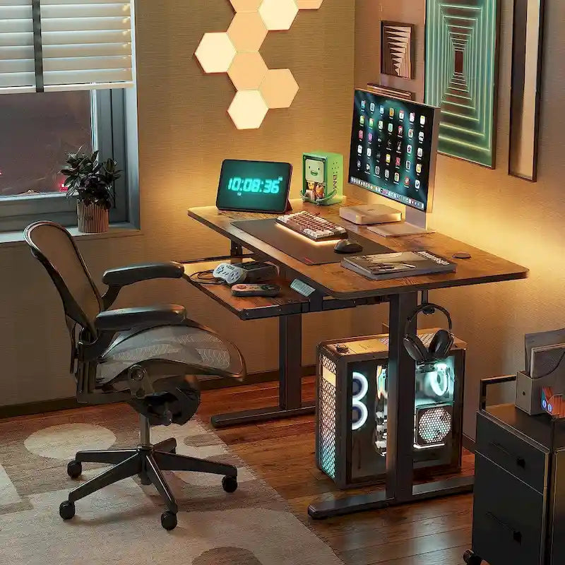 Bureau debout électrique à hauteur réglable en bois avec plateau de clavier et boutons de mémoire, assemblage par 1 personne