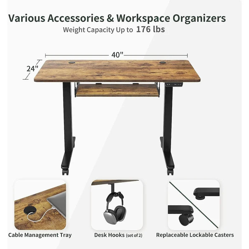 Bureau debout électrique à hauteur réglable en bois avec plateau de clavier et boutons de mémoire, assemblage par 1 personne
