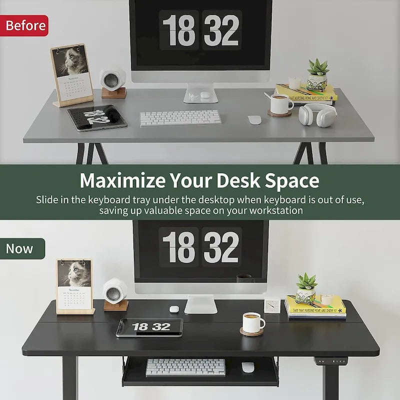 Bureau debout électrique à hauteur réglable en bois avec plateau de clavier et boutons de mémoire, assemblage par 1 personne