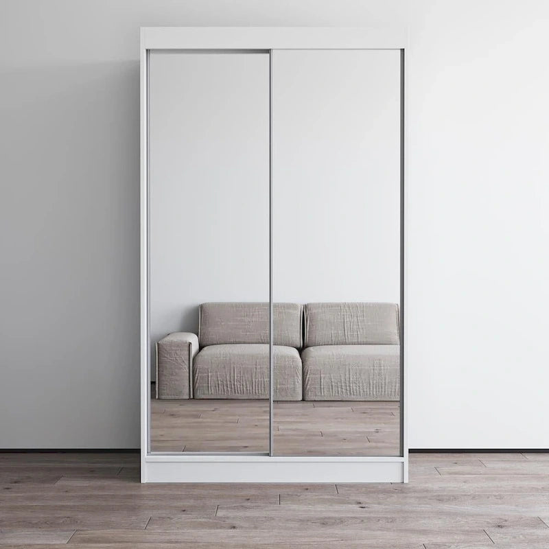 Armoire penderie miroir à 2 portes Noir / Blanc / Gris / Wengé brillant avec étagères et tringle, montage à 2 personnes