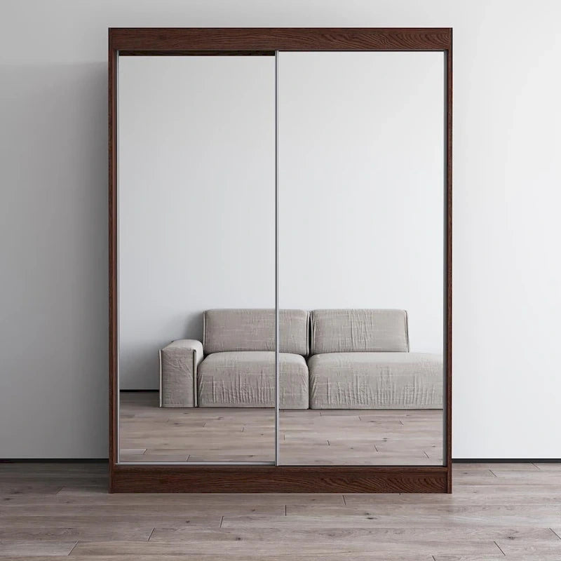 Armoire penderie miroir à 2 portes Noir / Blanc / Gris / Wengé brillant avec étagères et tringle, montage à 2 personnes
