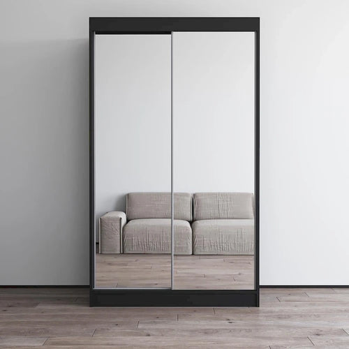 Armoire penderie miroir à 2 portes Noir / Blanc / Gris / Wengé brillant avec étagères et tringle, montage à 2 personnes
