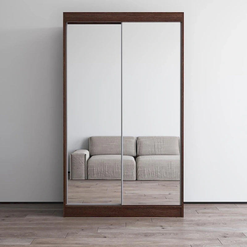 Armoire penderie miroir à 2 portes Noir / Blanc / Gris / Wengé brillant avec étagères et tringle, montage à 2 personnes