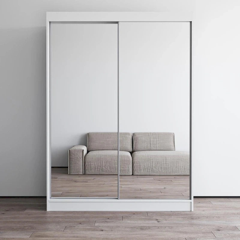 Armoire penderie miroir à 2 portes Noir / Blanc / Gris / Wengé brillant avec étagères et tringle, montage à 2 personnes