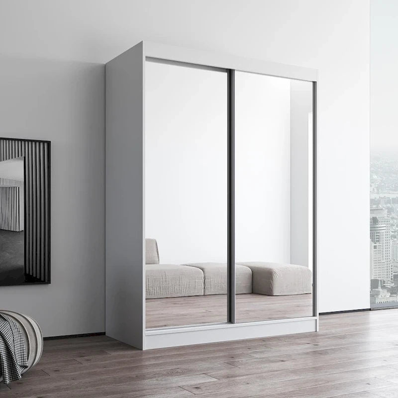 Armoire penderie miroir à 2 portes Noir / Blanc / Gris / Wengé brillant avec étagères et tringle, montage à 2 personnes