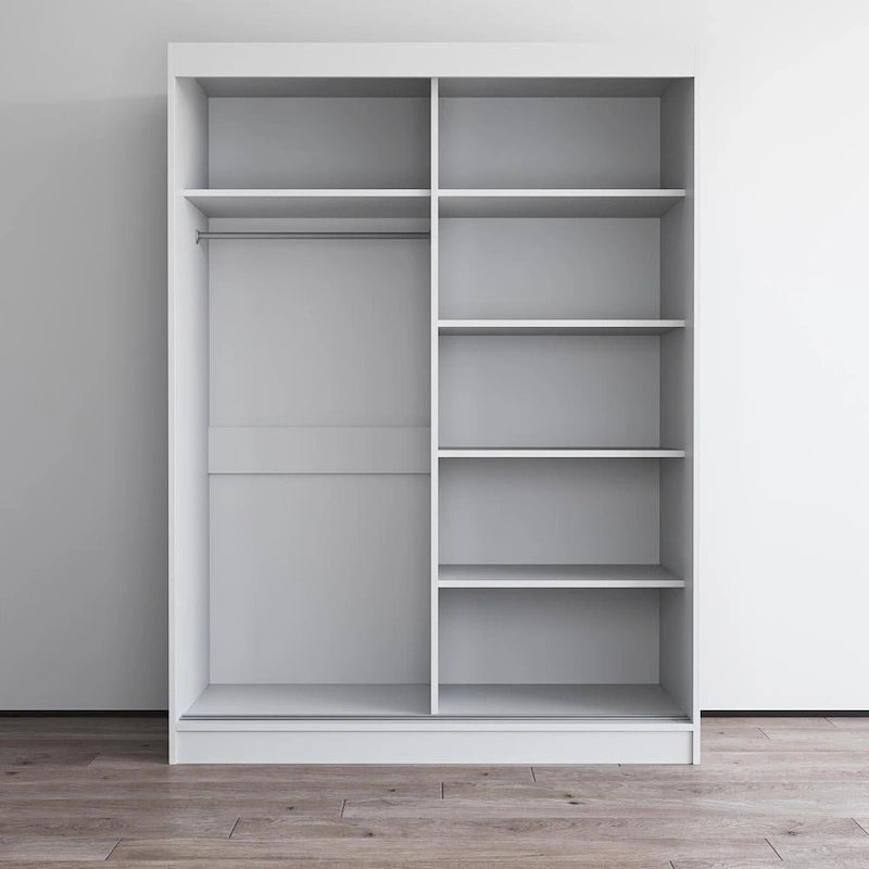 Armoire penderie miroir à 2 portes Noir / Blanc / Gris / Wengé brillant avec étagères et tringle, montage à 2 personnes