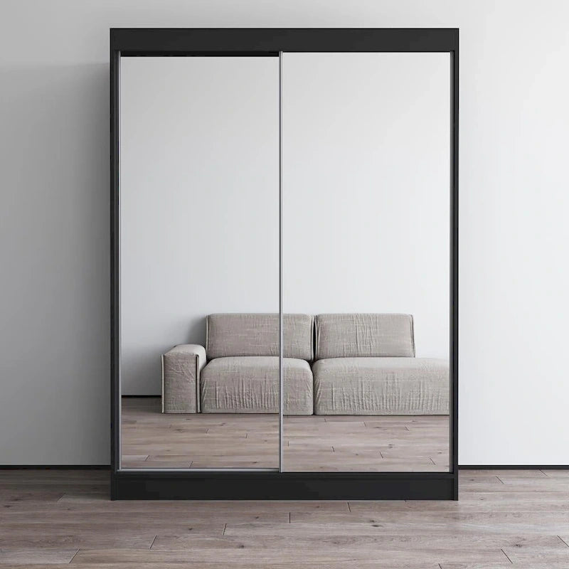 Armoire penderie miroir à 2 portes Noir / Blanc / Gris / Wengé brillant avec étagères et tringle, montage à 2 personnes