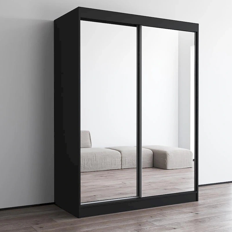 Armoire penderie miroir à 2 portes Noir / Blanc / Gris / Wengé brillant avec étagères et tringle, montage à 2 personnes