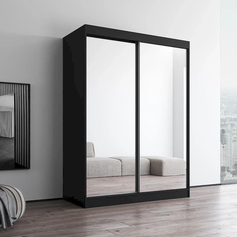 Armoire penderie miroir à 2 portes Noir / Blanc / Gris / Wengé brillant avec étagères et tringle, montage à 2 personnes