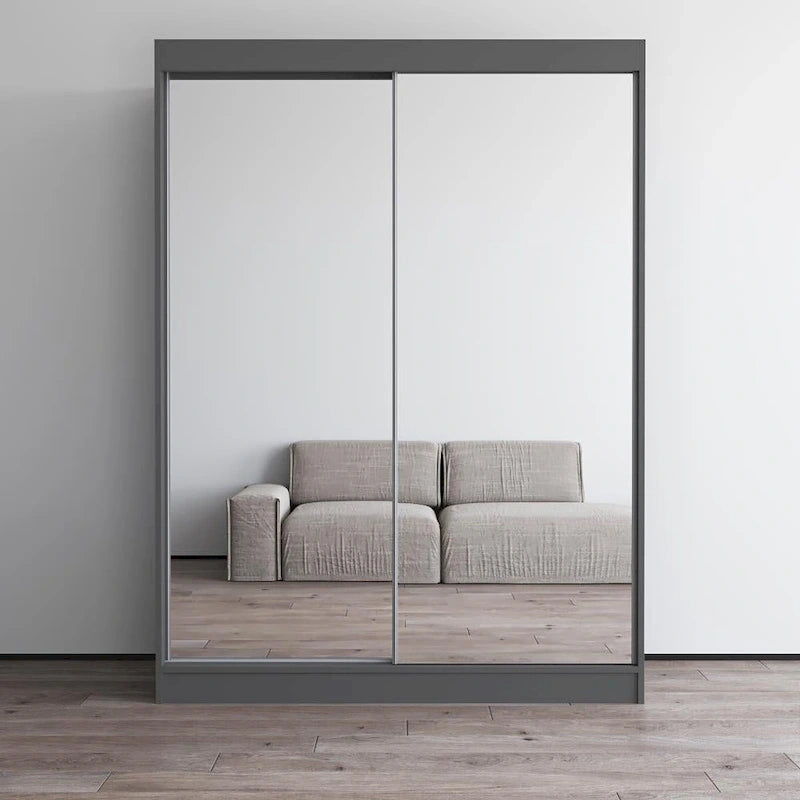 Armoire penderie miroir à 2 portes Noir / Blanc / Gris / Wengé brillant avec étagères et tringle, montage à 2 personnes