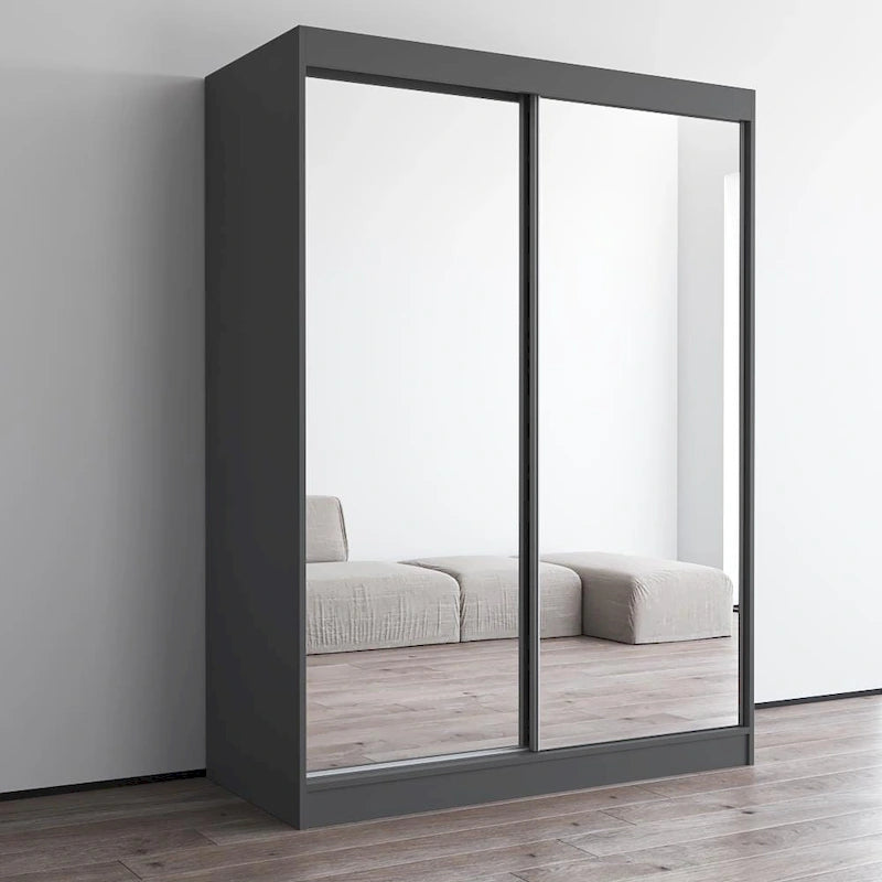 Armoire penderie miroir à 2 portes Noir / Blanc / Gris / Wengé brillant avec étagères et tringle, montage à 2 personnes