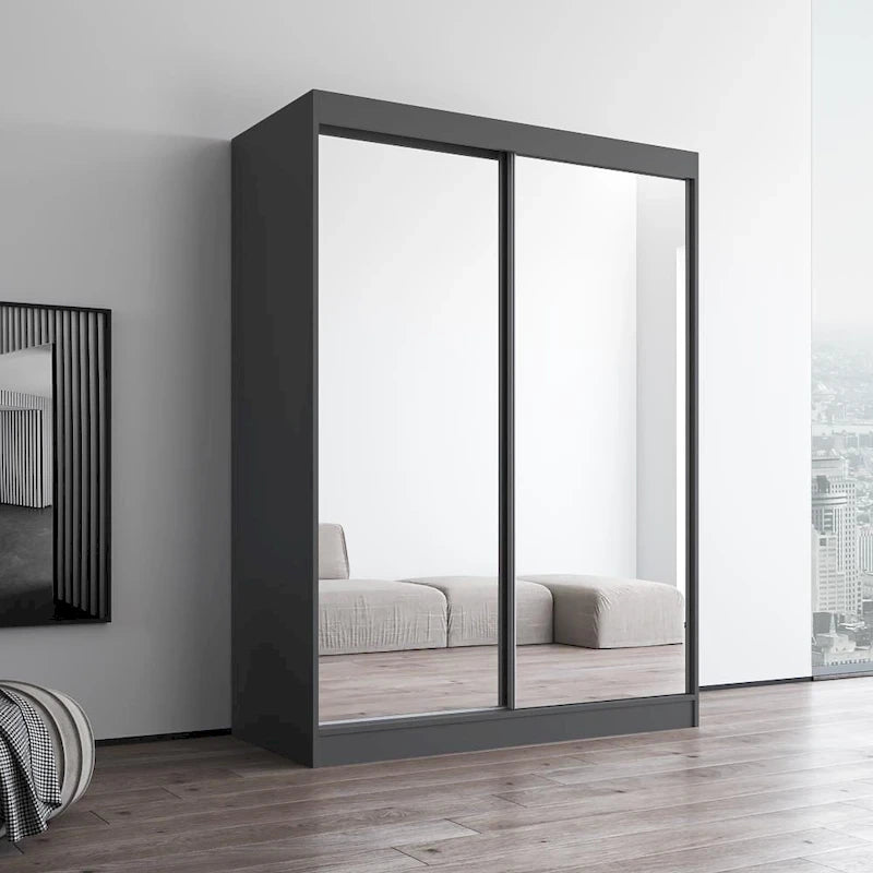 Armoire penderie miroir à 2 portes Noir / Blanc / Gris / Wengé brillant avec étagères et tringle, montage à 2 personnes